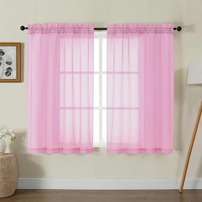 Gwine Sheer Curtains for Living Room 45 inch Length - Light Filtering Voile Window Curtain Panels for Bedroom, Soft Rod Pocket Sheer Curtain Drapes, Each 42Wx45L, 2 Panels, Pink