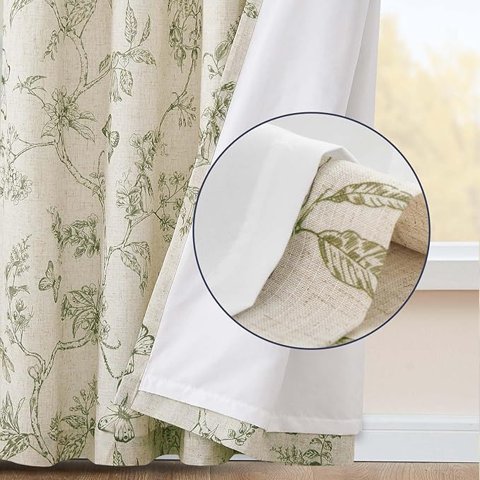 jinchan Floral Curtains Lined Linen Blend Curtain for Living Room 96 Inch Length Sage Green Farmhouse Flower Patterned Curtain French Country Curtains Drapes Back Tab Rod Pocket 2 Panels