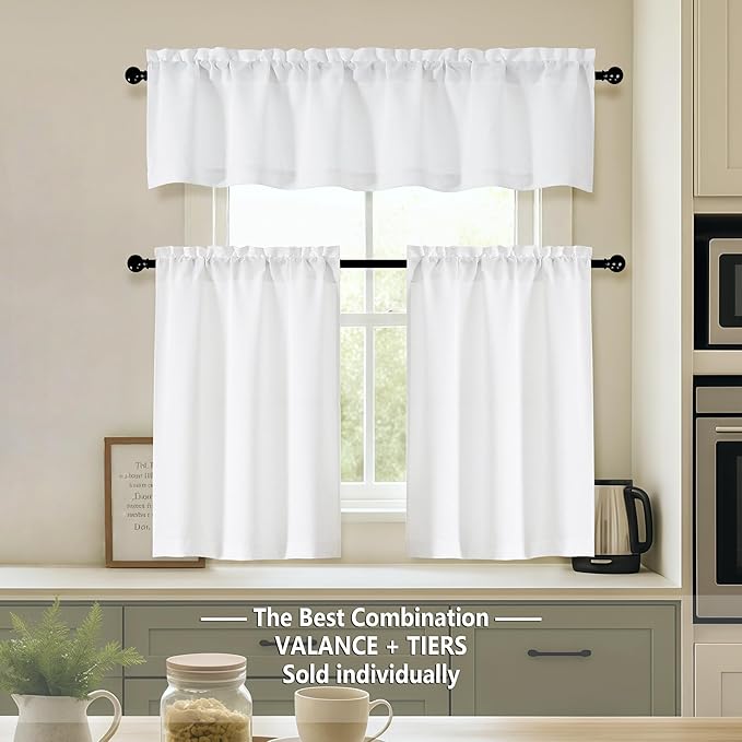 OVZME White Valance for Windows, Light Filtering Thick Textured Small Short Valance Kitchen Curtain, Dual Rod Pocket Top Short Window Curtain for Bathroom Basement, 1 Piece, 60Wx12L Inch