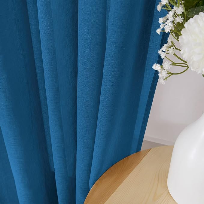 Tollpiz Short Sheer Curtain Living Room Linen Textured Curtains Sheer Light Filtering Voile Rod Pocket Curtain for Bedroom, 38 x 54 inches Long, Classic Blue, Set of 2 Panels
