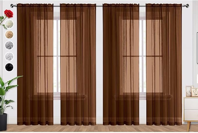 SpaceDresser Brown Sheer Curtains 4 Panels Rod Pocket Semi-Sheer Curtain 90 Inches Long Light Filtering Voile Window Drapes for Bedroom Living Room Kitchen, Each 52W x 90L