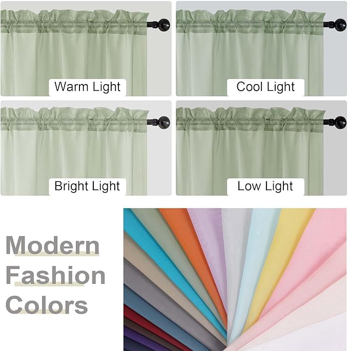 Light Green Valances for Windows, Light Green Sheer Curtains 14 Inch Length 2 Pack Kitchen Drapes, Modern Solid Mini Small Window Curtains for Cafe Bathroom Basement, 42" Wx14 L Inches