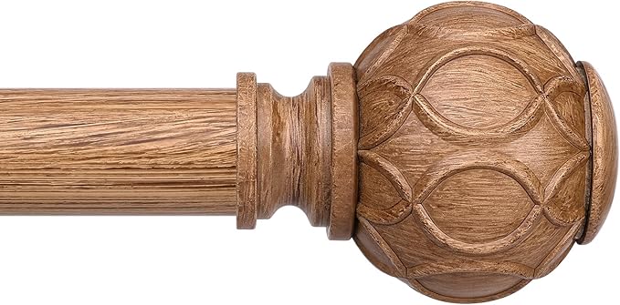 Wood Curtain Rods for Windows 48 to 84 Inch, Boho Vintage Decorative 1 Inch Wooden Curtain Rod, Adjustable Heavy Duty Rustic Farmhouse Drapery Pole with Netted Imitation Wood Grain Finials