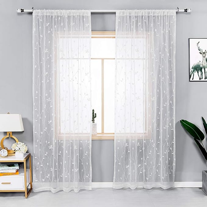 AmHoo 2 Panels Embroidered Leaf Pattern Semi Sheer Curtains Foliage Floral Voile Window Draperies Treatment for Bedroom Living Room Rod Pocket White 53 x 63 Inch