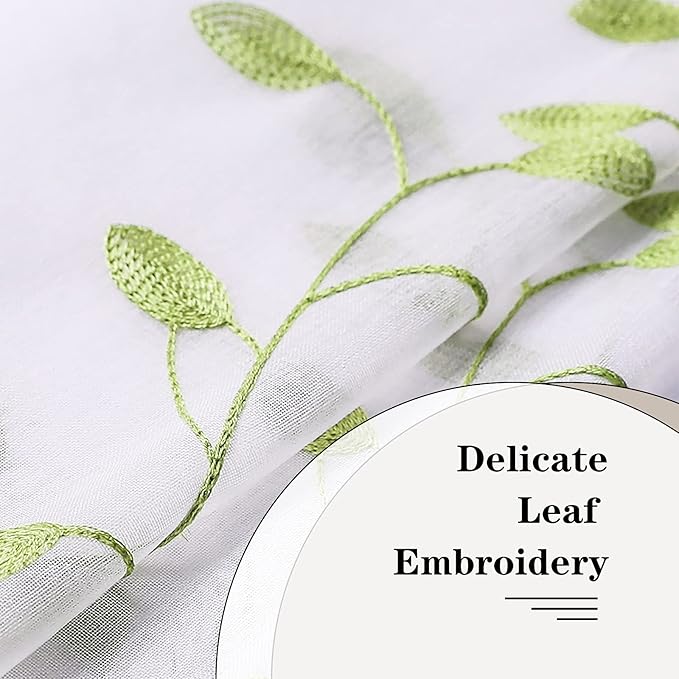 MRTREES Sheer Valance Curtain 54 x 16 inch Leaves Embroidered Sheer Christmas Valances Living Room Window Bedroom Embroidery Rod Pocket Small Window Treatment 1 Panel Green Leaves