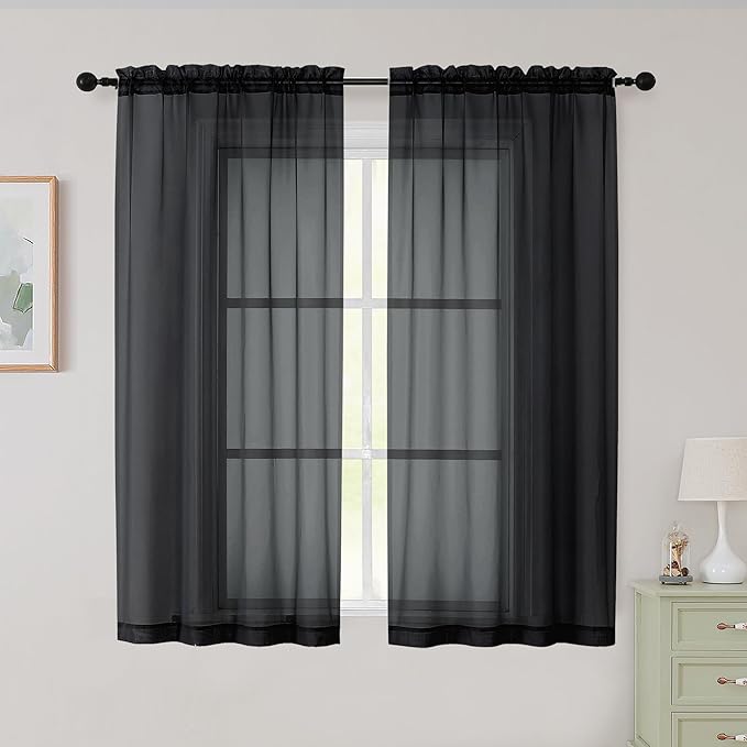 Sheer Black Curtains for Bedroom Living Room 54 Inch Length 2 Panels Set, Solid Soft Airy Light Filtering Window Treatments, Modern Rod Pocket Drapes, Black, 42" Wx54 L Inches
