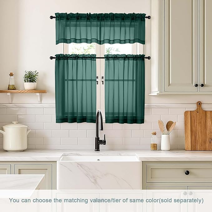 Green Valances for Windows 14 inch Length 2 Panels, Small Voile Sheer Curtains for Bathroom, Soft Fabric Light Filtering Kitchen Curtains, Dual Rod Pocket, Hunter Green, 2x42Wx14L Inches
