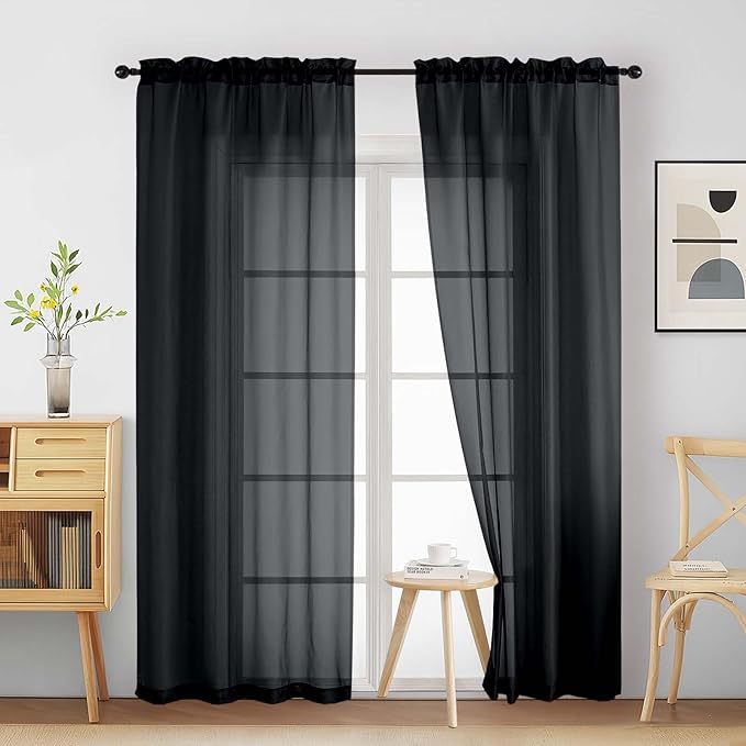 Black Sheer Curtains 90 Inches Long 2 Panels, Light Filtering Solid Sheer Curtains for Bedroom Living Room, Lightweight Soft Airy Window Voile Sheer Drapes, Dual Rod Pocket, 2x42Wx90L Inches