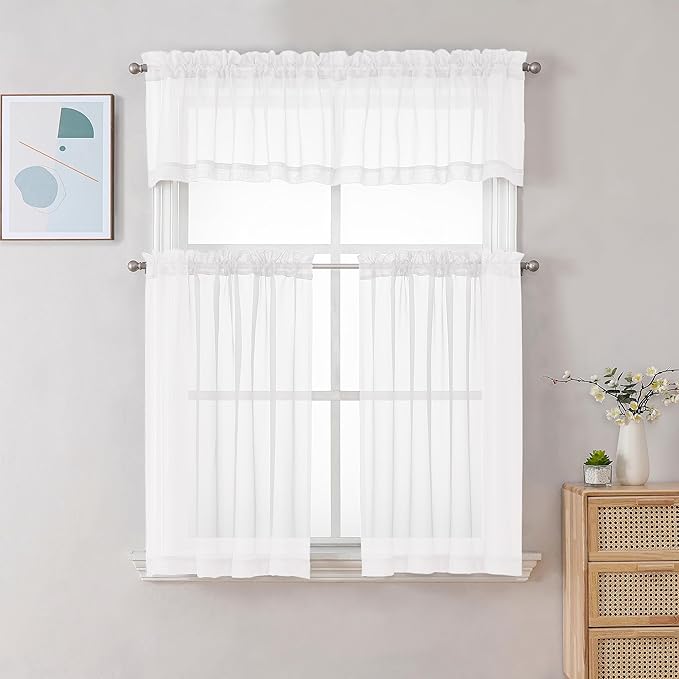 Gwine White Sheer Curtains 30 Inch Length, Short Light Filtering Voile Small Cafe Kitchen Curtains with Rod Pocket, Short Curtain for Bathroom Window, 42x30 Inch, 2PCS