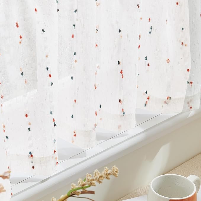 jinchan Valance Curtains for Windows 16 Inch Colorful Mini Pom-Pom Country Farmhouse Kitchen Valance Semi Sheer Voile Samll Window Treatment for Bedroom Living Room Rod Pocket 1 Panel Blush Meadow