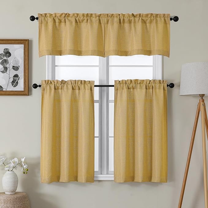 Chyhomenyc Gold Valance for Windows, Light Filtering Faux Linen Textured Small Window Kitchen Valance, Rod Pocket Short Curtain for Bathroom Laundry Basement, 60Wx14L inch, 1 Piece