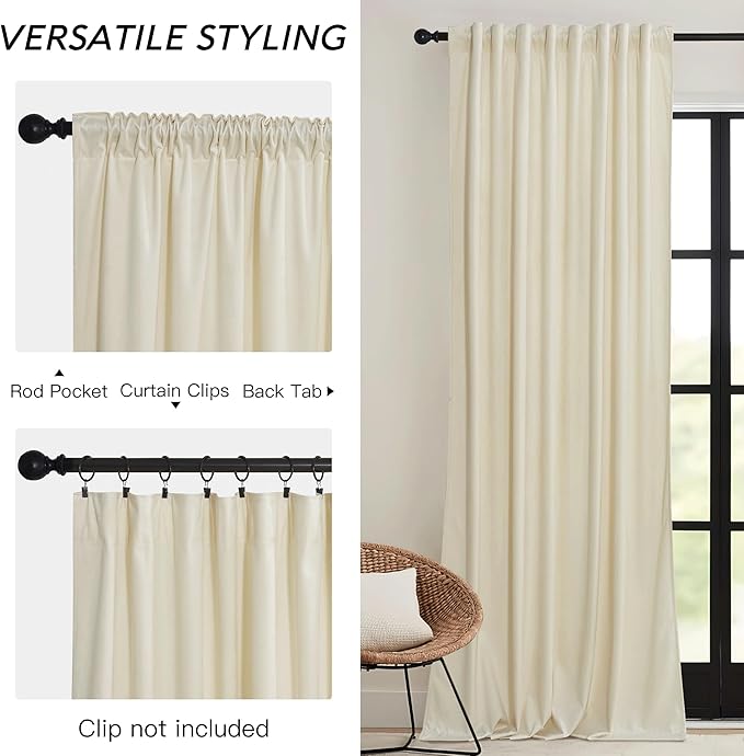 RYB HOME 90 inches Beige Velvet Curtains - Rod Pocket & Back Tab Super Soft Winter Window Panels Privacy Theraml Insulted Drapes for Bedroom Bathroom, W52 x L90, 1 Pair
