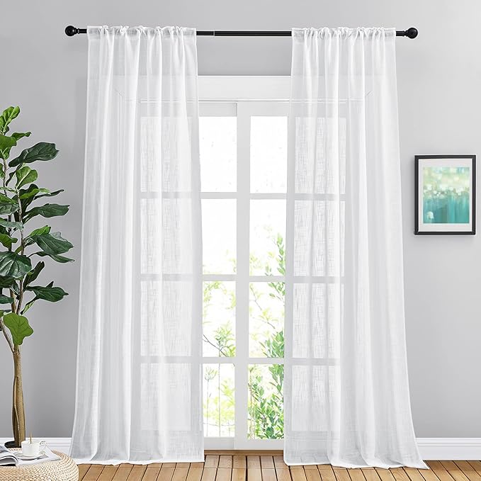 NICETOWN White Sheer Curtains for Living Room Extra Long 95" L, Rod Pocket & Back Tab Linen Sheer Window Curtains Semi Sheer Bedroom Window Treatment Privacy for Hall/Villa, 42" W, Set of 2