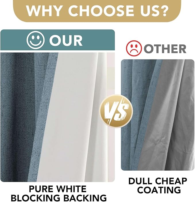 H.VERSAILTEX Linen Blackout Curtains 54 Inches Long 100% Blackout Thermal Insulated Textured Linen Look Curtain Draperies Anti-Rust Grommet, Energy Saving with White Liner, 2 Panels, Stone Blue