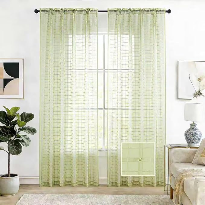 SpaceDresser Check Sheer Curtains 90 Inches 2 Panels Set, Rod Pocket Plaid Window Curtain for Living Room, Sage Green Semi Sheer Drapes for Kitchen Bedroom Children Room Yard（Sage Green, 52W x 90L）