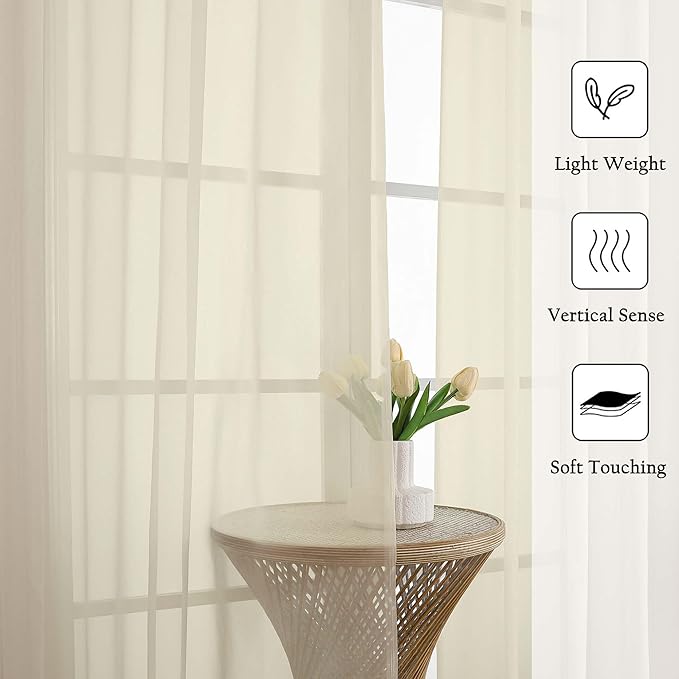 Lecloud Cream Sheer Curtains 63 Inch Length 2 Panels, Rod Pocket Light Filtering Bedroom Curtains for Living Room, Window Treatments Solid Voile Drapes for Bathroom, Each Panel 59" W x 63" L