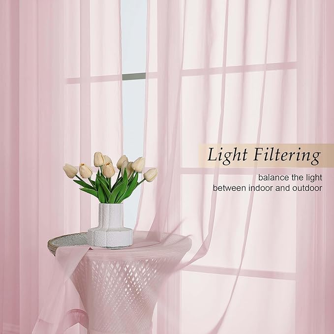 Blush Sheer Curtains 90 Inches Long 2 Panels Set for Bedroom Living Room, Soft Airy Light Filtering Modern Solid Rod Pocket Drapes Window Treatments, Blush, Each 59" W x 90" L