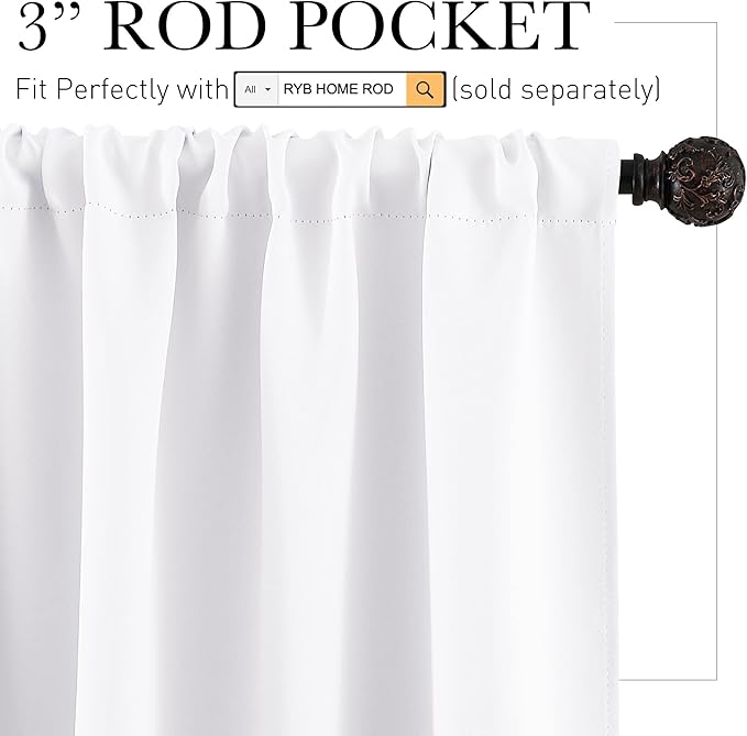 RYB HOME Short Pure White Curtains for Small Bedroom Window, Insulating UV Blocking Drapes for Kitchen Cafe Basement Garage, Privacy Tiers for Bathroom Window, Width 42 by Length 36, Set of 2