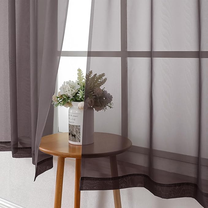 Lecloud Sheer Curtains 63 Inch Length 2 Panels Set, Chocolate Window Curtains for Bedroom, Voile Solid Light Filtering Living Room Curtain Drapes with Rod Pocket, Each Panel 42 X 63 Inch