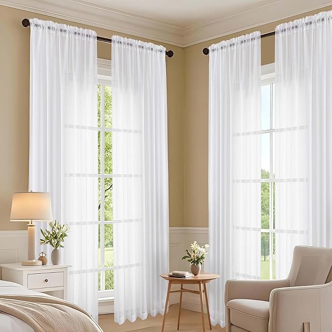 OVZME White Sheer Curtains 72 Inches Long 2 Panels Set, Light Filtering Sheer Curtains for Living Room Bedroom 59 Inch Extra Wide, Modern Voile Filmy Rod Pocket Window Drapes, 59Wx72L Inches