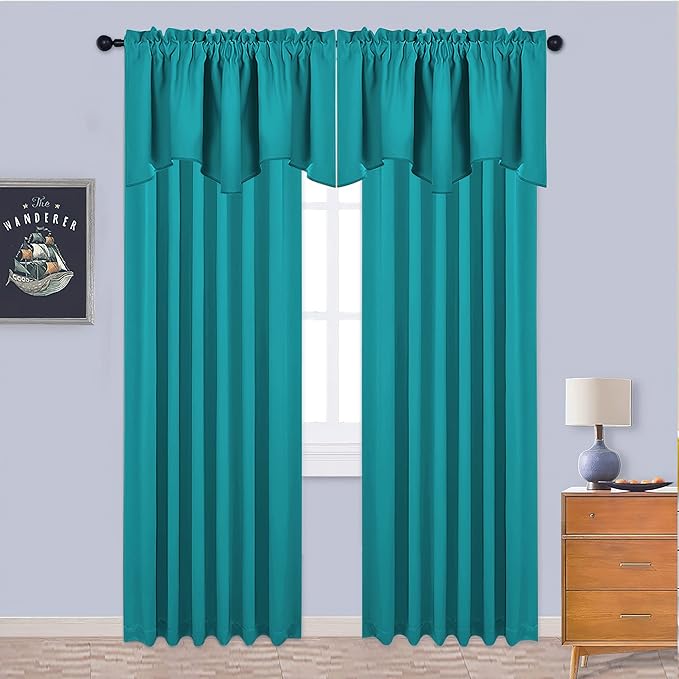 NICETOWN Blackout Curtain Valances Solid Rod Pocket Scalloped Valances Short Curtain Panels for Kitchen Window/Bedroom/Barthroom, 52" x 18" Inches, 2 Panels, Peacock Teal