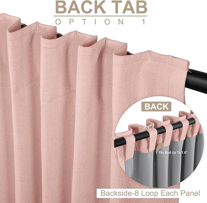 100% Blackout Shield Linen Blackout Curtains for Bedroom 102 Inches Long, Back Tab/Rod Pocket Living Room Drapes, Thermal Insulated Blackout Curtains 2 Panels Set, 50" W x 102" L, Blush Pink