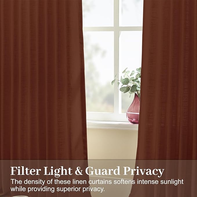 IVAPUPU Extra Long Pinch Pleated Curtains 108 Inch Long for Living Room, Semi Sheer Pinch Pleat Curtain Memory Trained Light Filtering Back Tab Linen Drapes for Bedroom, Chestnut Brown, 2 Panels