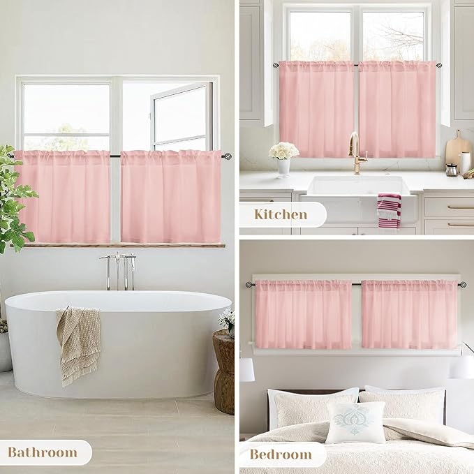 HOMEIDEAS Non-See-Through Blush Pink Privacy Sheer Kitchen Curtains, 30 X 24 Inches Long 2 Panels Short Sheer Curtains Light Filtering Bathroom Window Drapes for Bedroom Living Room