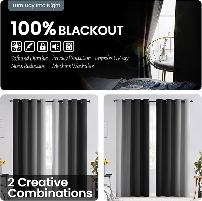 SimpleHome Ombre 100% Blackout Curtains for Bedroom, Full Light Blocking Black and Greyish White Curtains, Thermal Insulated Grommet Window Drapes for Living Room,2 Panels, 52x63 inches Length