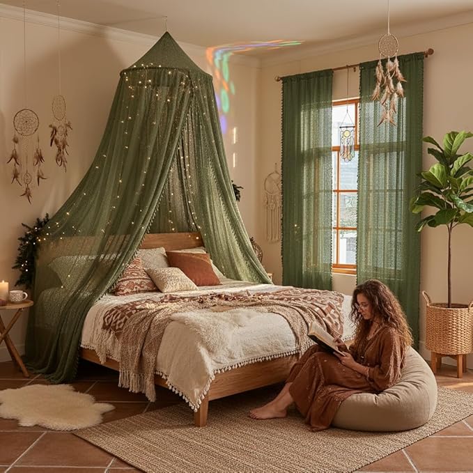 WAZZIO Boho Lace Curtains 84 Inches 2 Panel,Light Filtering Privacy Tassel & Geometry Crochet Semi Sheer Curtain Drapes for Bedroom Living Dining Room,Rod Pocket & Tassel,Olive Green