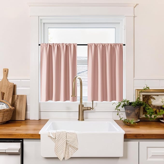 RYB HOME 100% Blackout Bathroom Curtains Over Sink 30 inches Long, Heat & UV Blocking Total Room Darkening Noise Reducing Curtains for Basement RV Campers, Peach Pink, 2 Panels Set