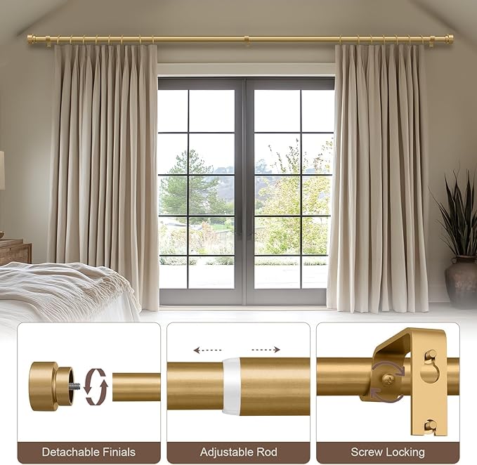 Lootkell Modern Gold Curtain Rods for Windows 48 to 84 Inches Adjustable Length Heavy Duty 1" Diameter Window Curtain Rod with Decorative Finials for Outdoor Bedroom Kitchen Living Room