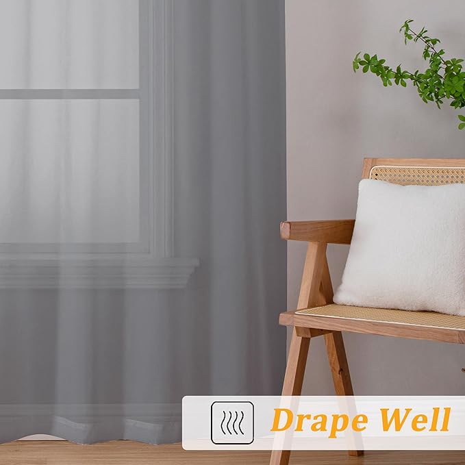 Gwine Charcoal Grey Sheer Curtains 30 Inch Length, Short Light Filtering Voile Small Cafe Kitchen Curtains with Rod Pocket, Short Curtain for Bathroom Window, 42x30 Inch, 2PCS