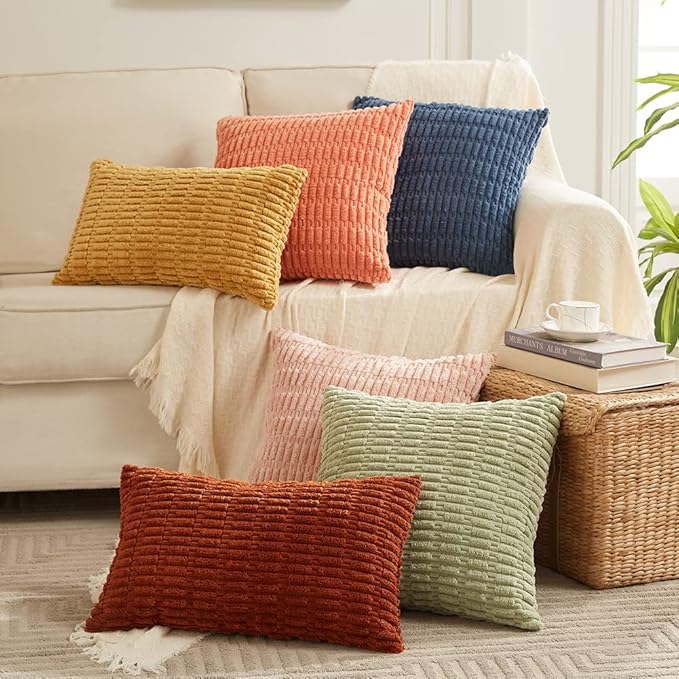 Fancy Homi 4 Packs Dusty Blue Decorative Throw Pillow Covers 24x24 Inch for Living Room Couch Bed Sofa, Rustic Farmhouse Boho Home Decor, Soft Plush Striped Corduroy Square Cushion Case 60x60 cm
