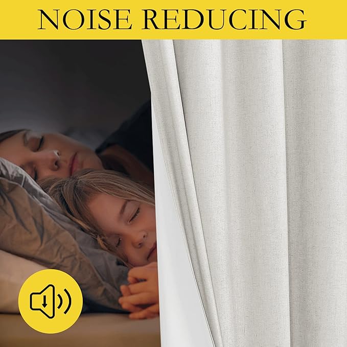 NICETOWN 100% Absolutely Blackout Linen Curtains with Thermal Insulated White Liner, Ivory, W52, 2 Pieces, Noise Reducing Textured Linen Look Curtains for Windows 102 inch Length for Classroom