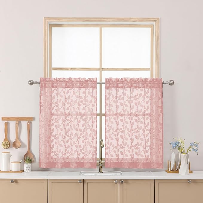 Chyhomenyc Blush Pink Sheer Curtains 30 Inch Length, Light Filtering Leaf Tufted Textured Small Window Kitchen Curtain Over Sink, Short Half Window Curtains for Bathroom Basement, 30"Wx30"L, 2 Panels