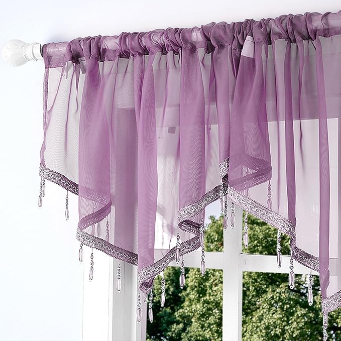 Molaxhome Swag Curtain 51 inch Length Rod Pocket Scalloped Curtain Valance Sheer Lace Panels with Hanging Crystal Beads for Kitchen Bedroom Window Treatments Drape Decor 1pc (Modena, 51Wx23L)