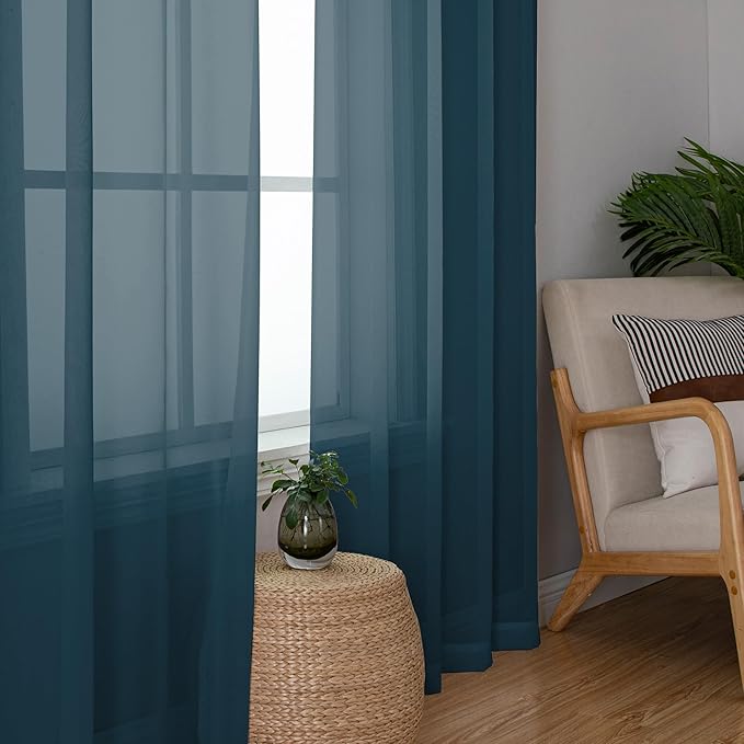 Chyhomenyc Sheer Curtains 63 Inch Length 2 Panels, Light Filtering Rod Pocket Window Sheer Curtain Drapes for Bedroom Living Room, 42Wx63L, 2 Panels, Stone Blue