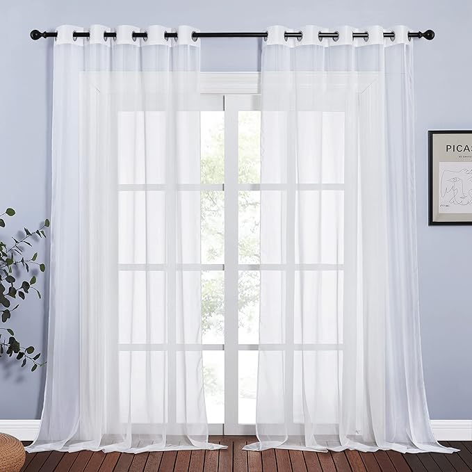 NICETOWN Sheer Window Curtains 96" Long for Living Room, Grommet Voile Sheer Textured Window Drapes for Sliding Glass Door/Villa/Bedroom, Ivory, 70" Wide Per Panel, Set of 2