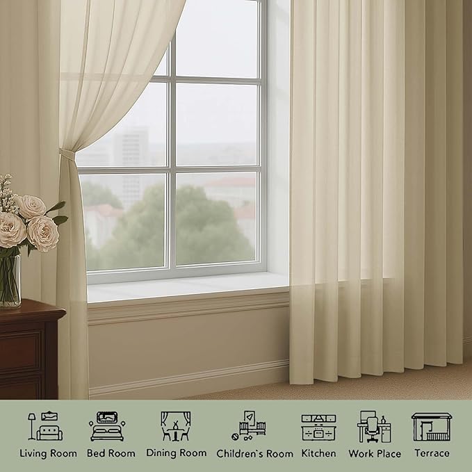 OWENIE Taupe Sheer Curtains 72 Inches Long 2 Panels Set, Transparent Voile Sheer Curtain for Living Room Bedroom Window Sliding Glass Door Treatment, 59 x 72 Inch, Taupe