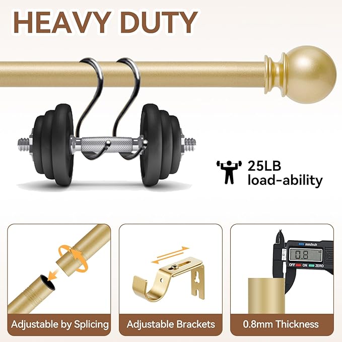 Gold Curtain Rod for Windows 66 to 120 Inch, 5/8 Inch Diameter Adjustable Curtain Rods With Brackets, Heavy Duty Easy to Install Curtain Rods for Bedroom, Outdoor Curtain Rod for Patio