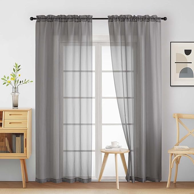 Grey Sheer Curtains 84 Inches Long 2 Panels, Elegant Airy Transparent Light Filtering Window Curtains, Window Drapes for Living Room Bedroom, Dual Rod Pocket, Charcoal Grey, 2x42Wx84L Inches