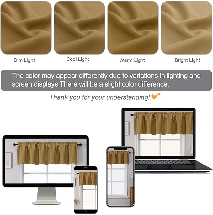 Chyhomenyc Gold Blackout Valances for Windows, Short Window Valance Curtains for Living Room Bedroom Bathroom, Room Darkening Solid Privacy Small Kitchen Valances, 60Wx16L, 2 Pack