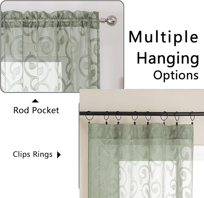 OWENIE Furman Extra Long Sheer Sage Green Curtains 96 inches Long for Bedroom Living Room 2 Panels Set, Light Filtering Soft Semi Sheer Jacquard Clip Farmhouse Curtains Rod Pocket Design, 52Wx96L inch
