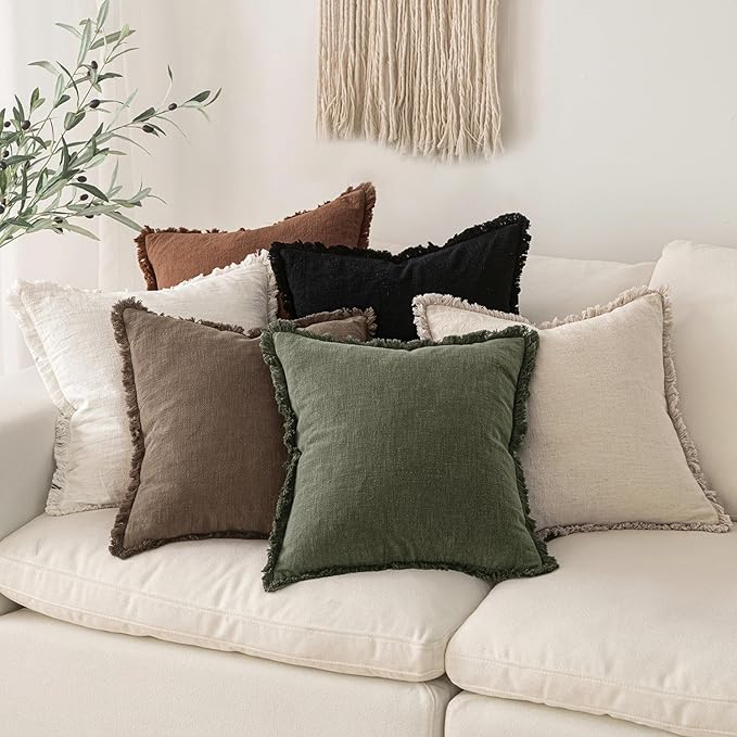 MIULEE Decorative Throw Pillow Covers Neutral Linen Fringe Throw Pillows Euro Shams Set of 2 Cocoa Brown Boho Farmhouse Cushion Covers for Couch Sofa Bed Living Room Spring Home Decor 24x24 Inch
