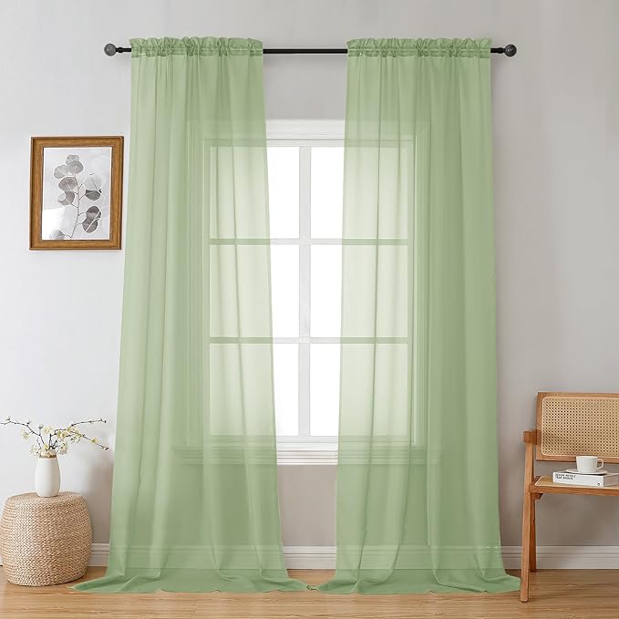 Gwine Light Green Sheer Curtains 96 Inches Long 2 Panels, Elegant Window Treatments Voile Curtains for Living Room, Light Filtering Rod Pocket Sheer Drapes, Each 42" Wx96
