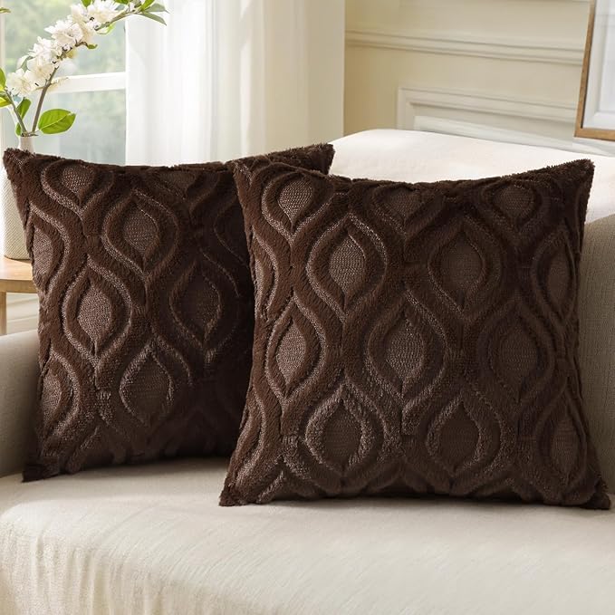 decorUhome Throw Pillow Covers 22x22 Inch Set of 2, Soft Plush Faux Wool Dark Brown Solid Couch Pillow Covers, Accent Euro Sham Farmhouse Neutral Square Pillow Cases for Sofa Bed Living Room