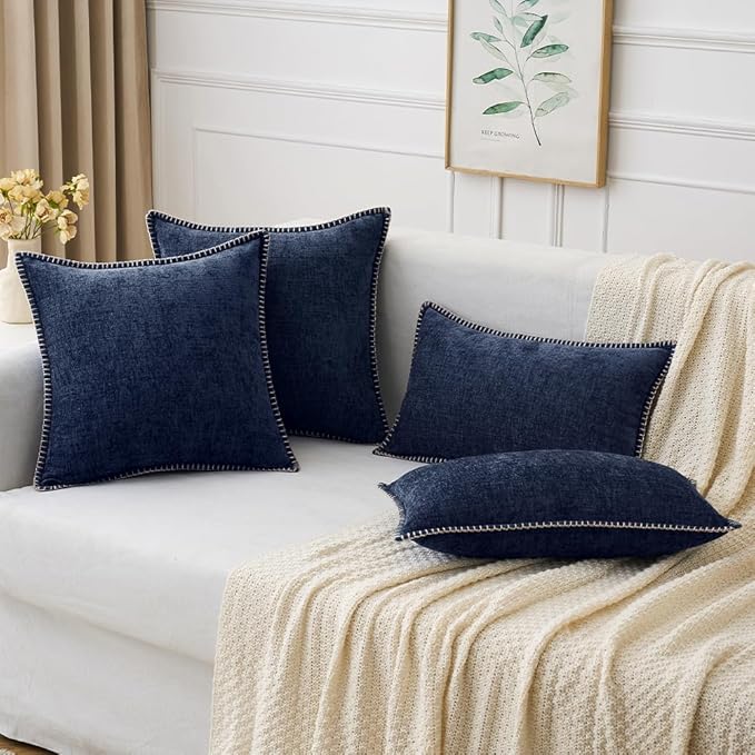 MIULEE Pack of 2 Couch Throw Pillow Covers 16x16 Inch Navy Blue Farmhouse Decorative Pillow Covers with Stitched Edge Soft Chenille Solid Dyed Spring Pillow Covers for Sofa Bed Living Room