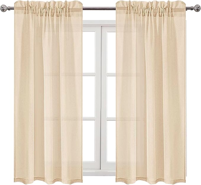 DWCN Beige Sheer Curtains Semi Transparent Voile Rod Pocket Curtains for Bedroom and Living Room, 42 x 45 inches Long, Set of 2 Panels