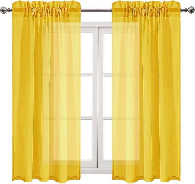 DWCN Yellow Sheer Curtains Semi Transparent Voile Rod Pocket Curtains for Bedroom and Living Room, 42 x 54 inches Long, Set of 2 Panels